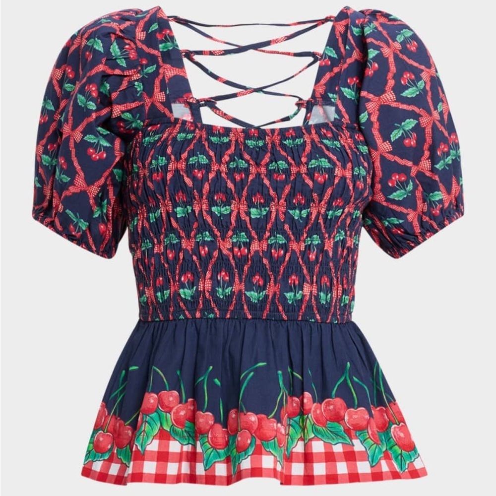Anthropologie Damson Madder Allegra Cherry Pie Smocked Top Navy Red Sz 14 NEW